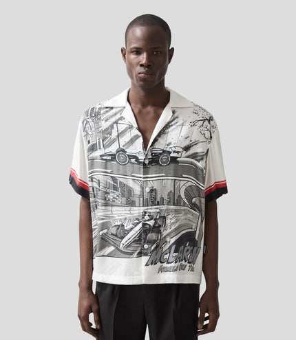 Reiss Mens Suzuka GP Print Cuban Shirt - Black/White