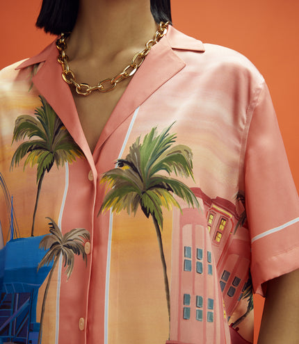 Womens Reiss Drive Short Sleeve Cuban Collar Miami Landscape Printed Shirt