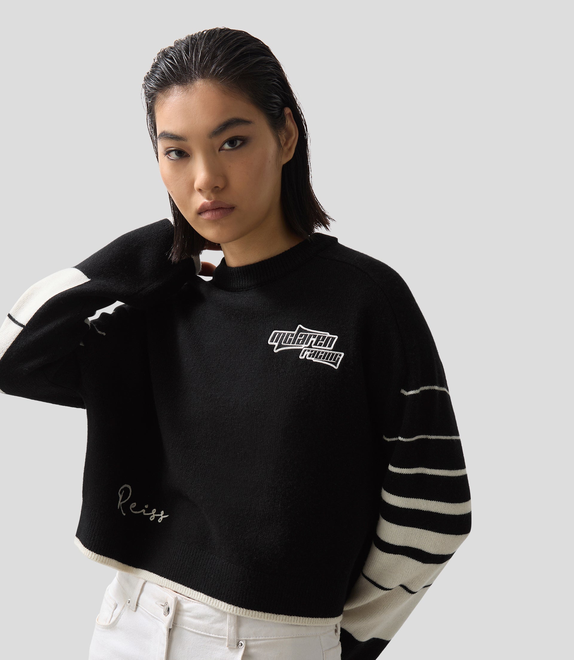Reiss Cropped Jumper Wool-Cashmere - Black/White