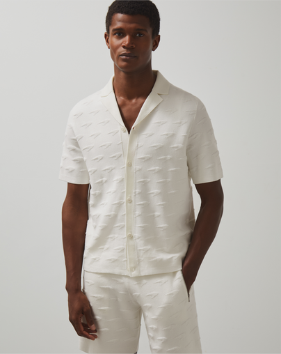 Reiss Mens Short Sleeve Speedmark Knitted Cuban Shirt - White