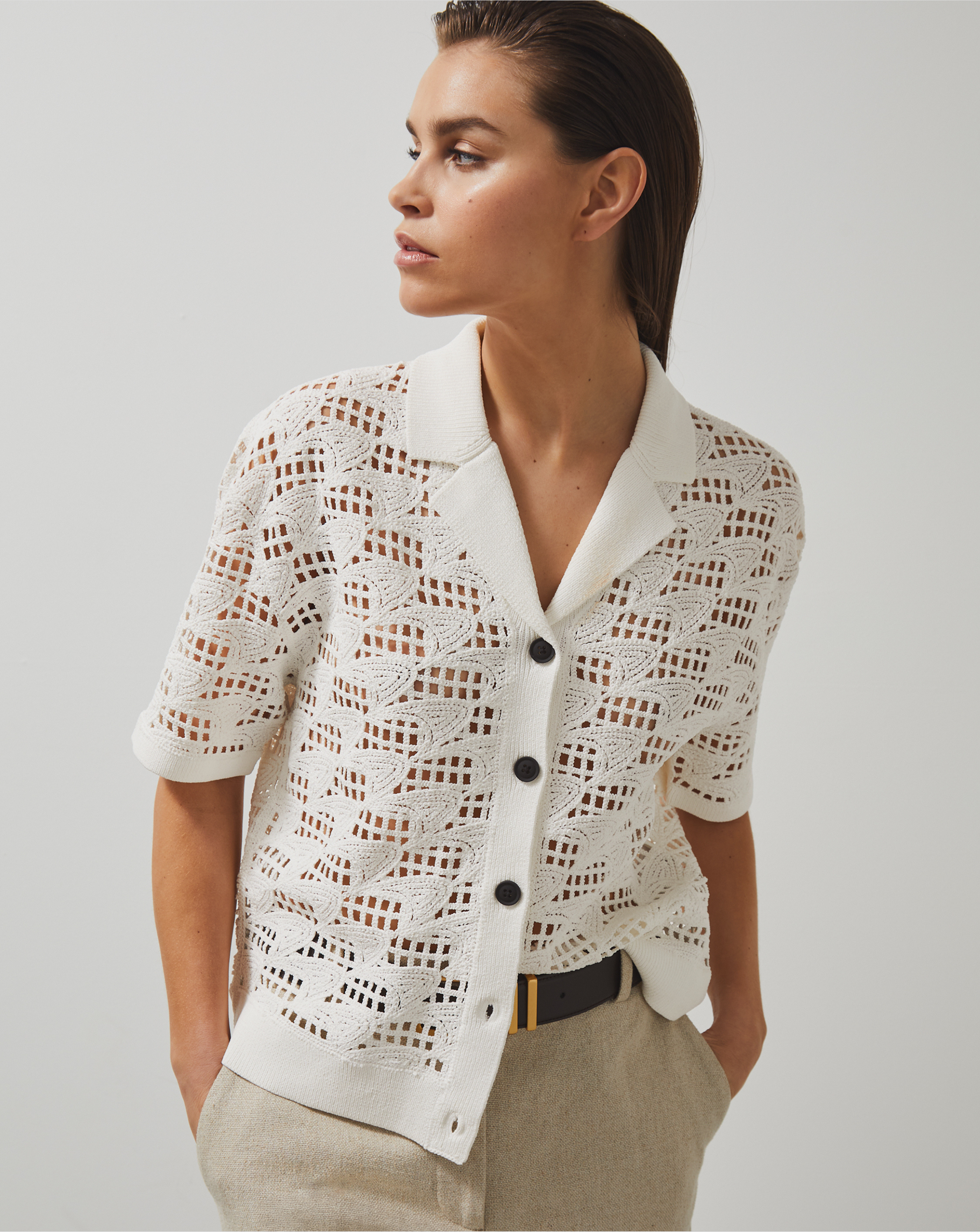 Reiss Womens Short Sleeve Crochet Cuban Shirt - White
