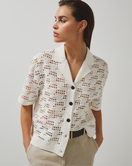 Reiss Womens Short Sleeve Crochet Cuban Shirt - White