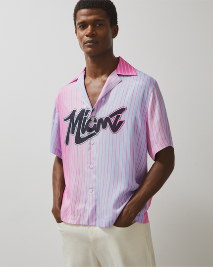 Reiss Mens Miami Palm Tree Cuban Shirt - Pink