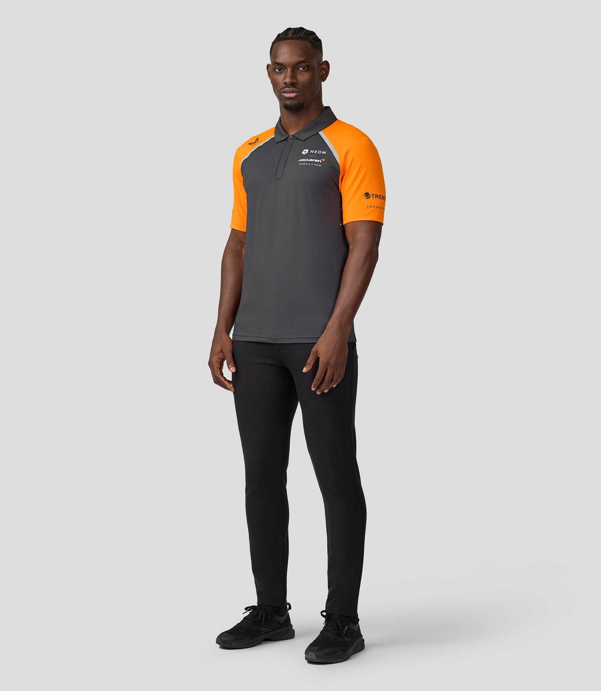 Official Mens NEOM McLaren Formula E Teamwear Polo Shirt - Phantom/Papaya