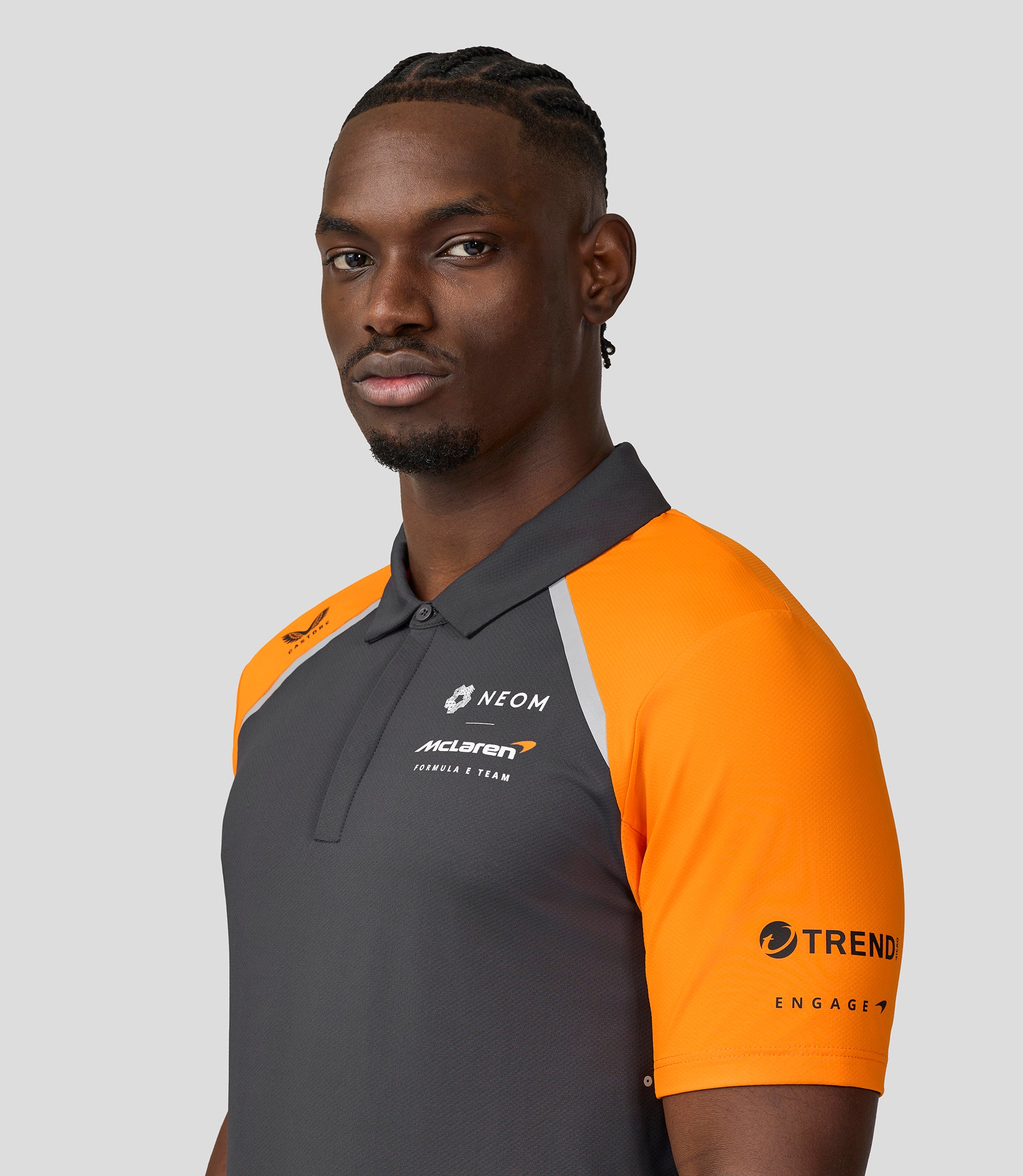 Official Mens NEOM McLaren Formula E Teamwear Polo Shirt - Phantom/Papaya