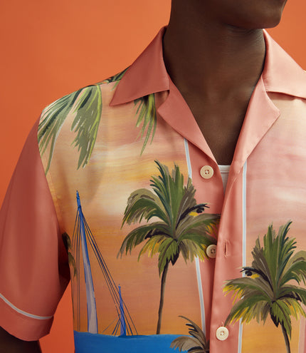 Mens Reiss Drive Short Sleeve Cuban Collar Miami Landscape Printed Shirt